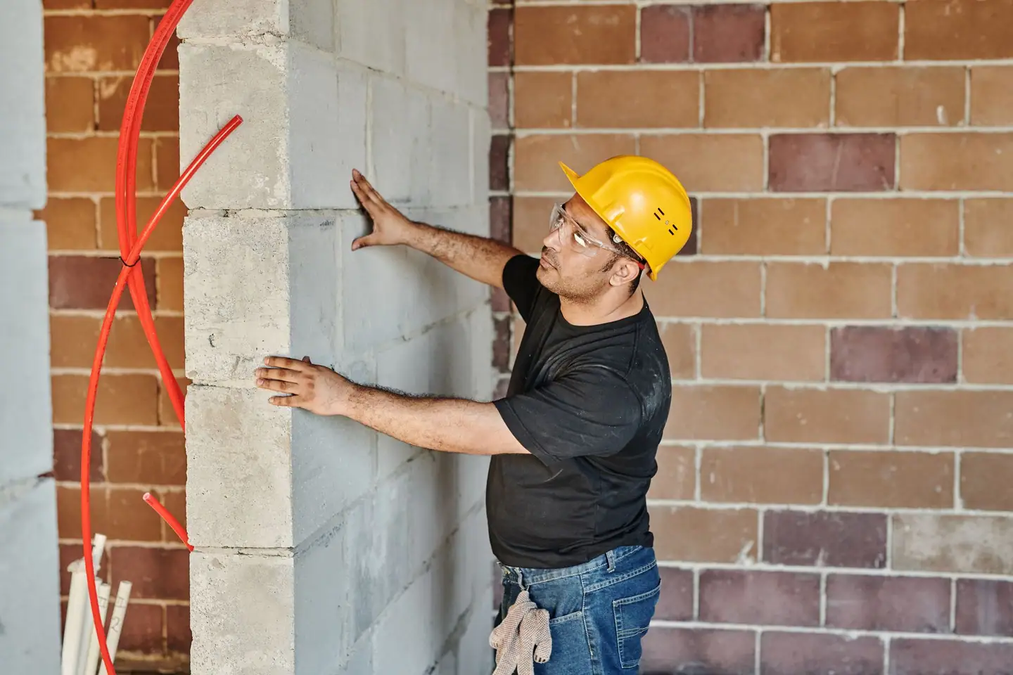 Bauarbeiter mit Helm prüft im Rohbau eine frisch gemauerte Wand