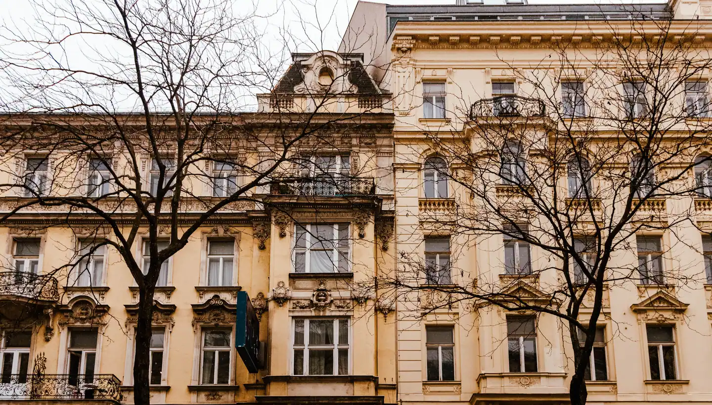 Gründerzeitfassaden mit Balkonen und Stuck hinter kahlen Bäumen